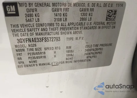 2015 Cadillac Srx Standard из США, поврежденный, VIN 3GYFNAE33FS572793